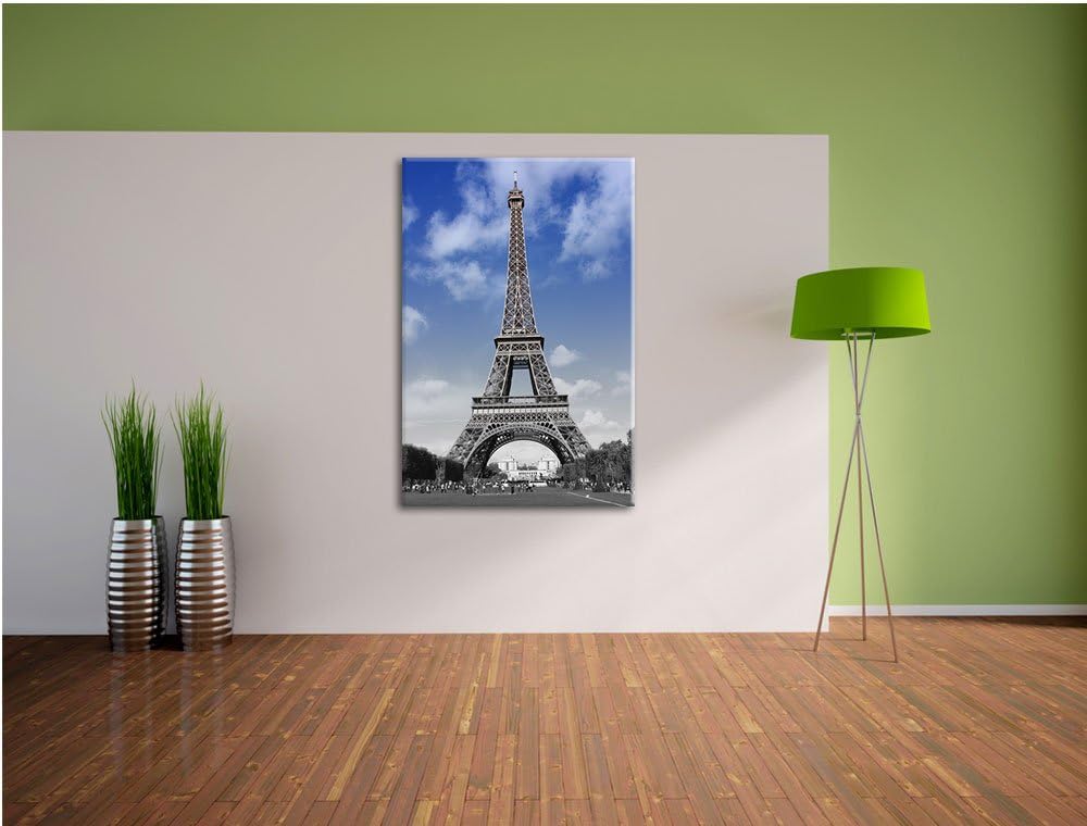 Eifelturm mit blauem Himmel Paris schwarz/weiss Format: 100x70 auf Leinwand, XXL riesige Bilder fert