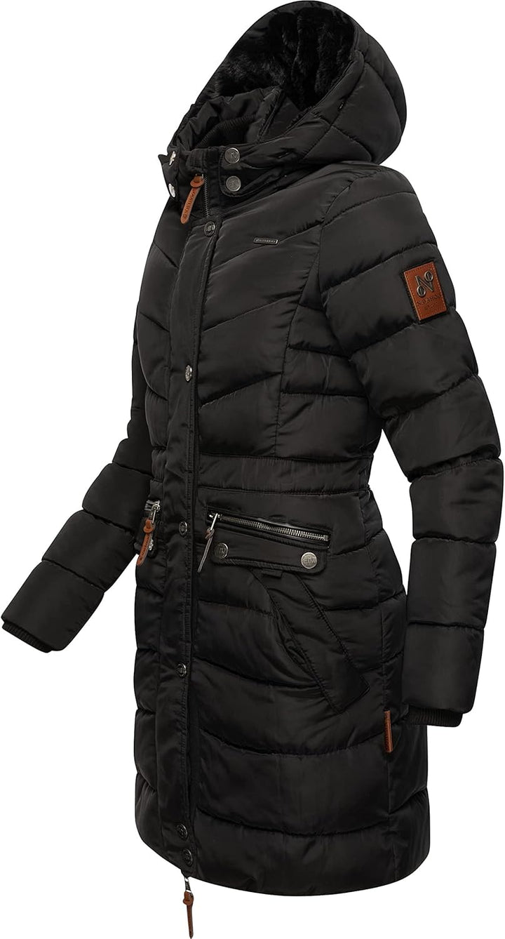 Navahoo Damen Wintermantel warmer Steppmantel lang mit abnehmbarer Kunstfell-Kapuze Paula XS-5XL S B