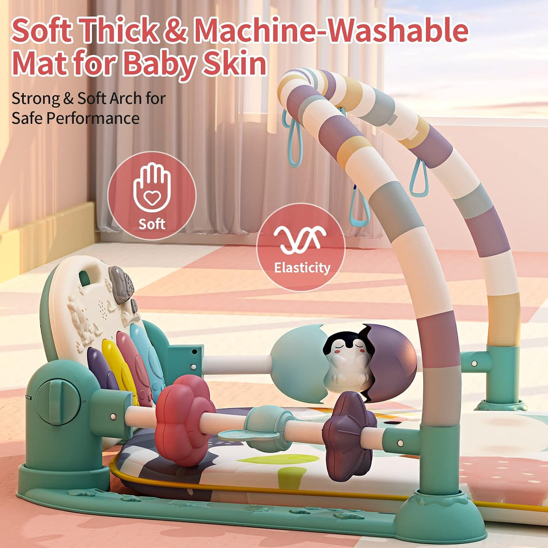 Baby Gym with Musical Piano,Babys Play Mat Tummy Time Baby Activity Gym Mat with 5 Infant Learning S