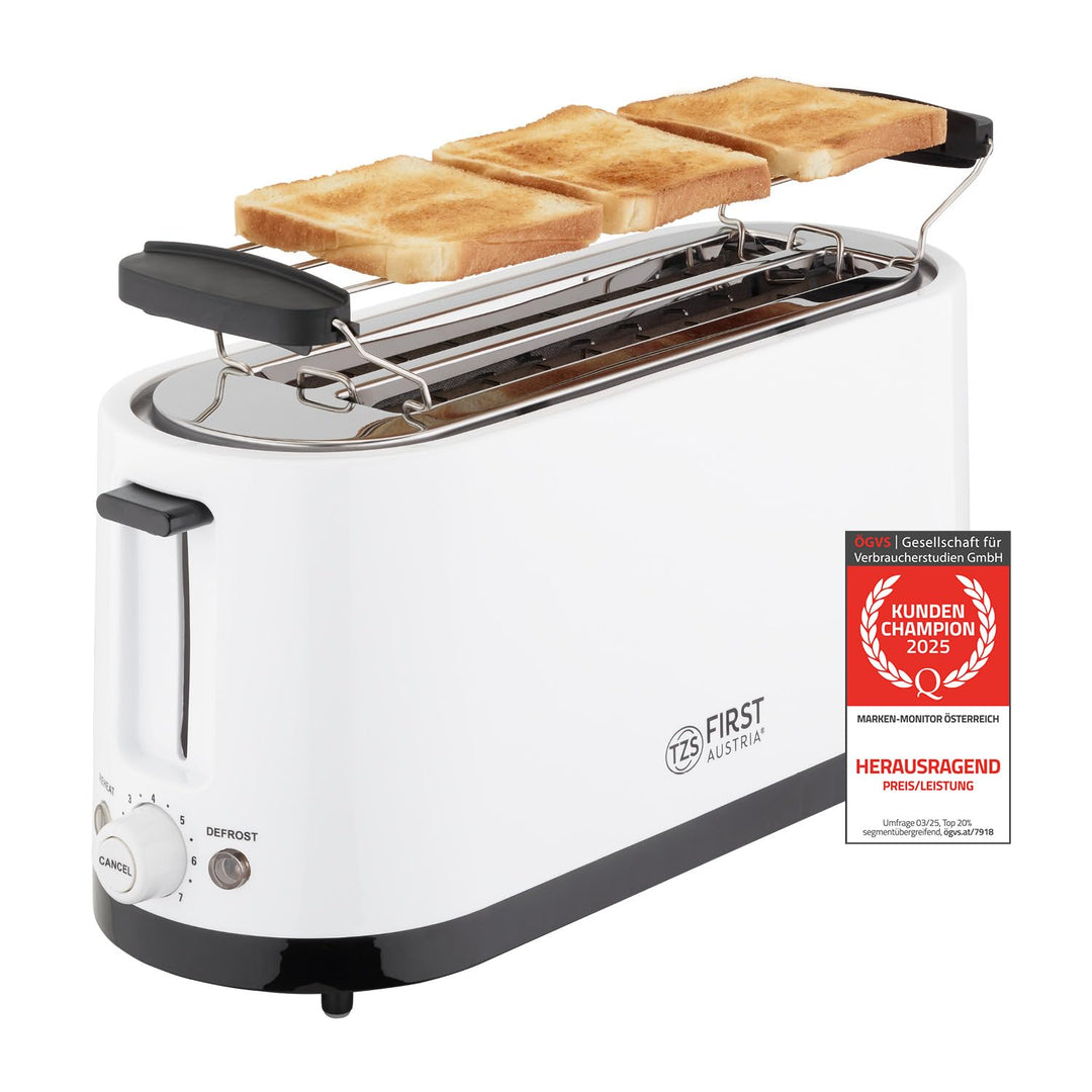 TZS First Austria - Toaster 4 Scheiben Langschlitz 1400W mit Krümelschublade | Brötchenaufsatz | wär