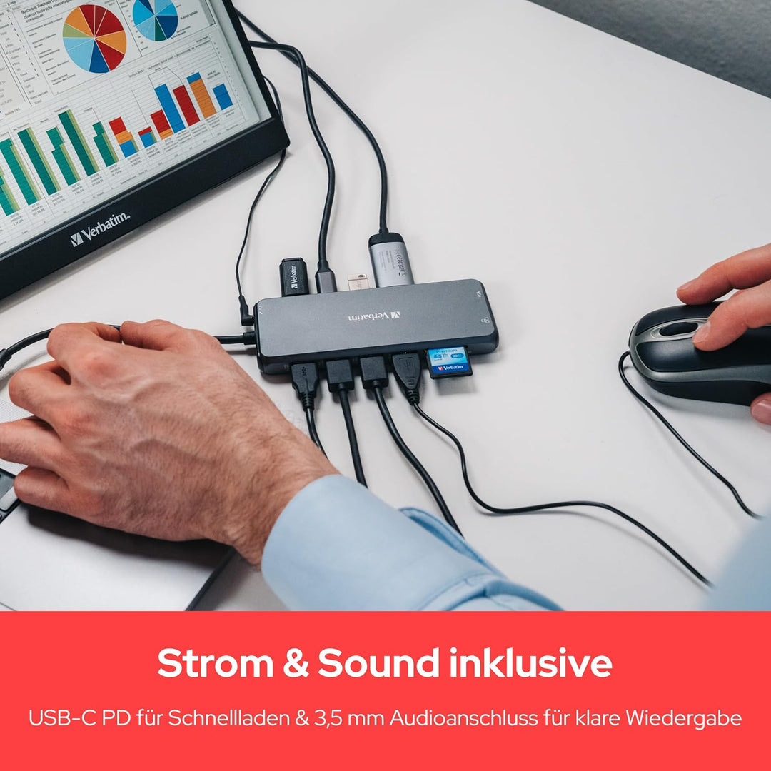 Verbatim USB C Hub 14-in-1, Multiport Adapter USB-C auf HDMI, VGA, RJ45, USBA-A und USB-C PD, mit SD