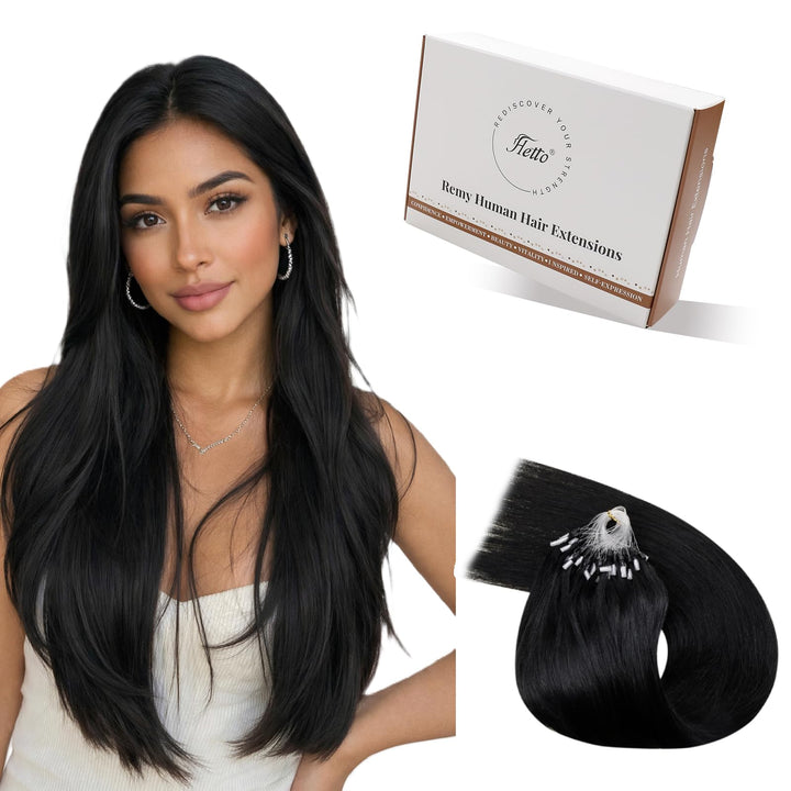 Hetto Microring Extensions Echthaar Schwarz 55CM Haarverlängerung Micro Loop Extensions Remy Extensi