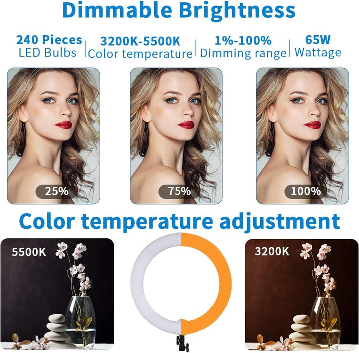 GSKAIWEN 18 Zoll 65W LED Make-up Ringlicht mit Spiegel für Augenbrauen-Täto, Wimpernverlängerung, Be