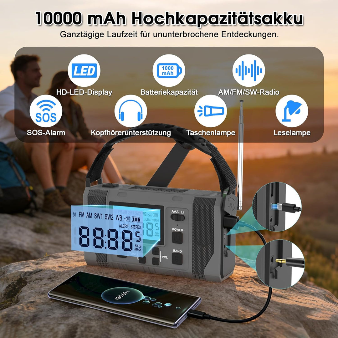 Notfall-Solar Radio, 10000mAh Notfall Kurbelradio, AM/FM Radio, Taschenlampe+ Leselicht, SOS-Alarm,