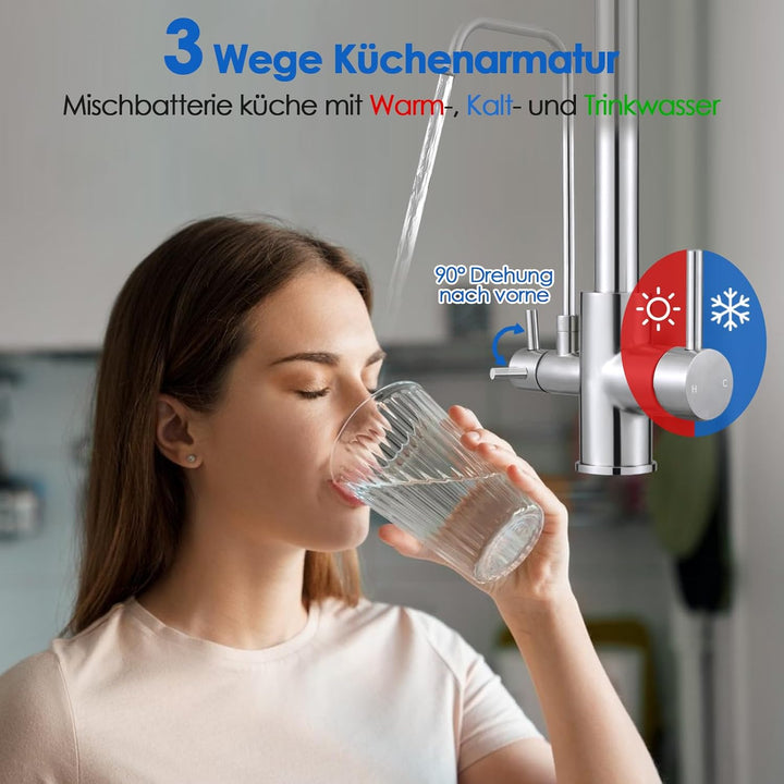 ROVOGO 3 Wege Wasserhahn Küche mit Filter, Küchenarmatur Ausziehbar mit 4 Strahlarten Brause, Doppel