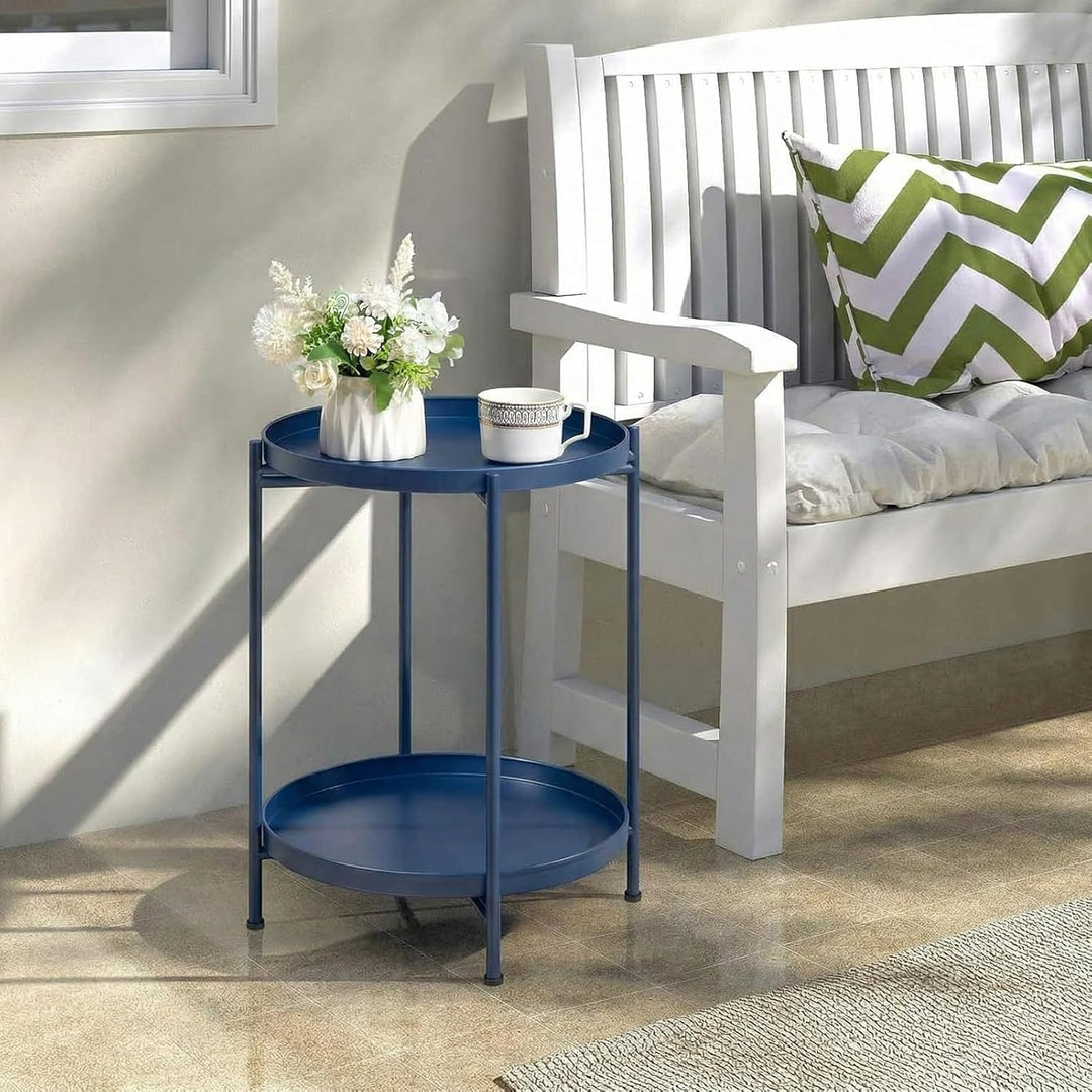 HollyHOME Runder Beistelltisch, 2 Ebenen Beistelltisch Metalltablett, Snacktisch, Couchtisch, Teetis
