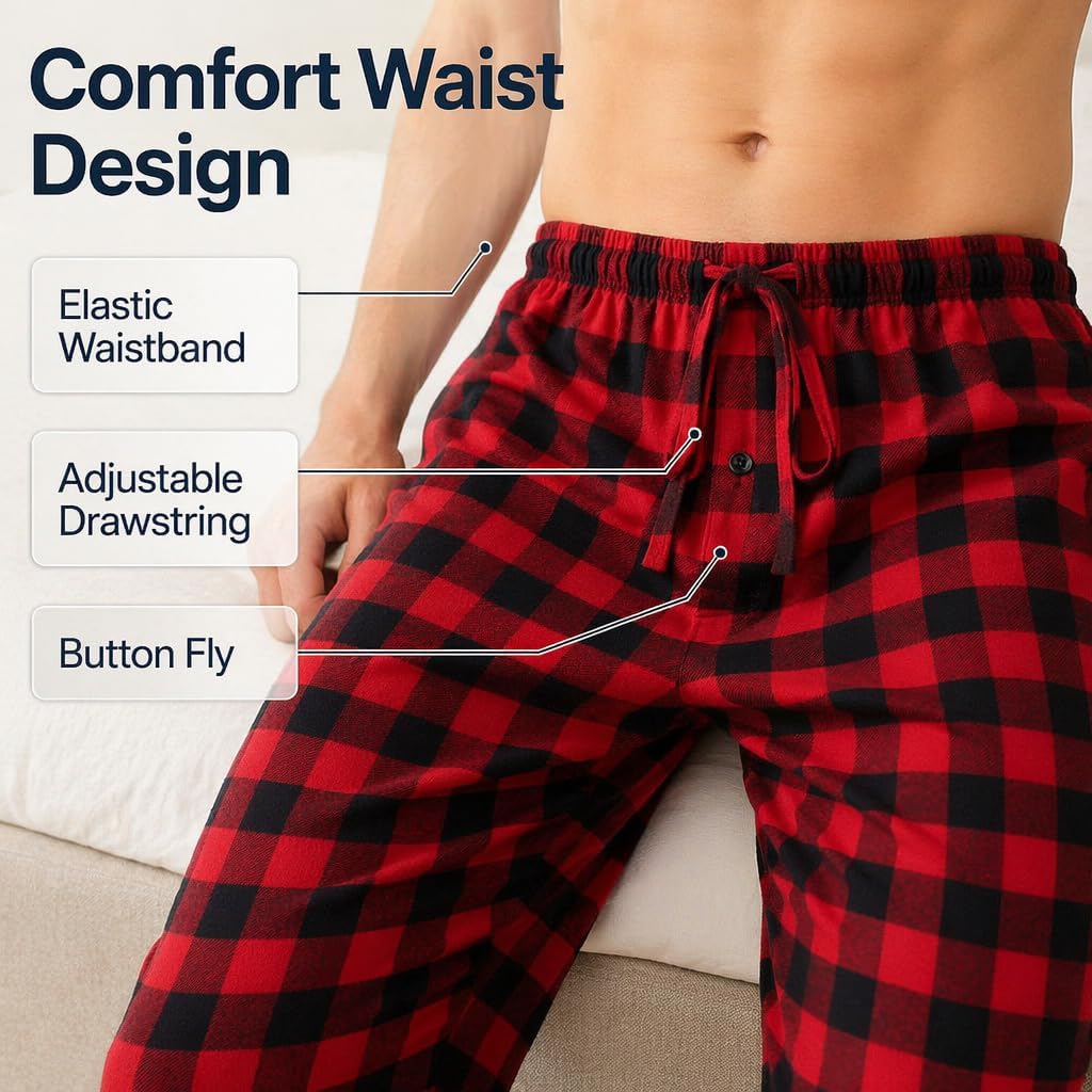 Herren 100% Baumwolle Flanell Bequeme Pyjama/Lounge Bottoms mit Taschen S Black Red Check, S Black R