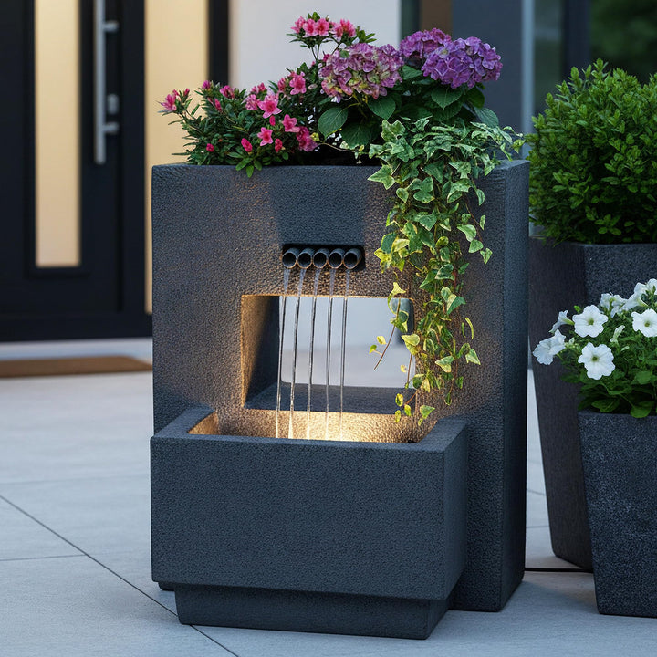 Gartenbrunnen mit Beleuchtung bepflanzbar Betonoptik 57 cm Springbrunnen Wasserspiel warmweiss Kaska