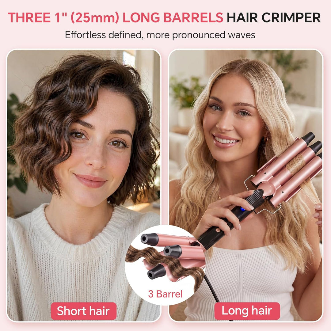 3 Fässer Welleneisen 25mm, 14 Stufen (100-230°C), Quarz-Keramik | Beach Waves Lockenstab Grosse Well