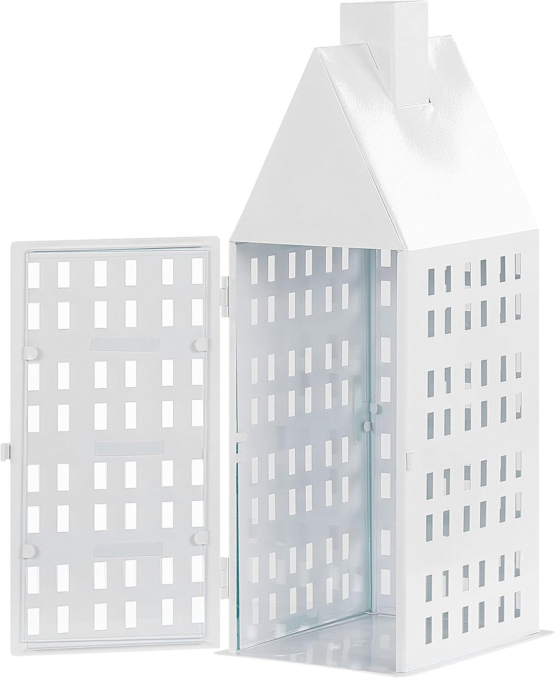 Laterne weiss Metall mit Glaseinsatz Hausmotiv fensterförmige Löcher 40 cm Dolok