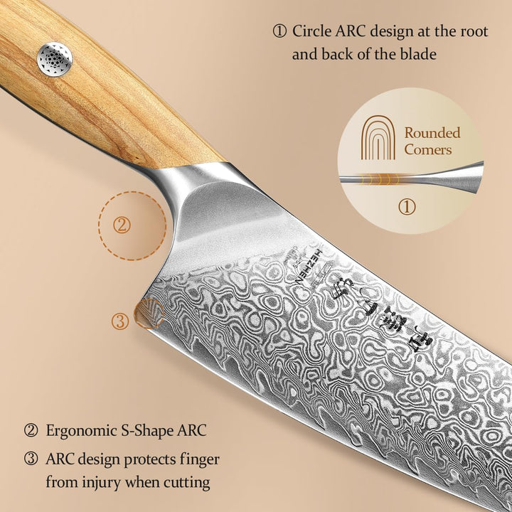 HEZHEN 21CM Damast Kochmesser, Profi Küchenmesser, 73 Lagen Damaszener Stahl, Full Tang Griff aus Ol