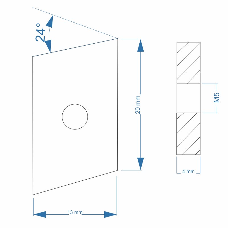 Nutenstein | Gewindeplatte Rhombus 20x13x4 mm M5 Gewinde Winkel 24° | Stahl verzinkt 5-8um (100 Stüc