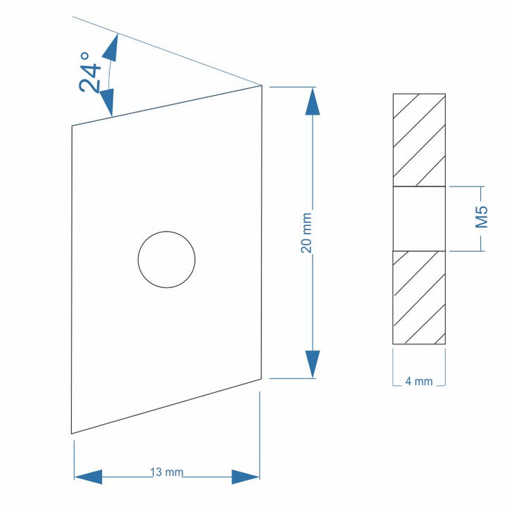 Nutenstein | Gewindeplatte Rhombus 20x13x4 mm M5 Gewinde Winkel 24° | Stahl verzinkt 5-8um (100 Stüc