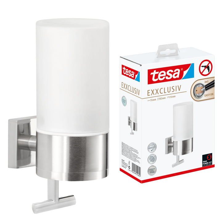 tesa EXXCLUSIV Seifenspender-Set, Milchglas und verchromtes Metall - Flüssigseifenspender zur Wandbe