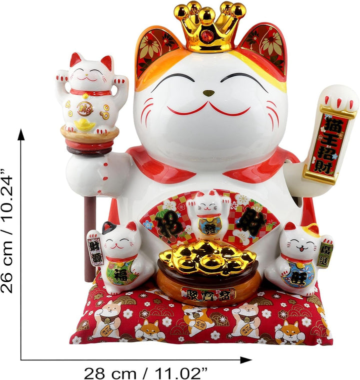 Freak Scene Glückskatze Maneki-Neko Winkekatze Krone Porzellan 26cm weiss winkende Katze Lucky cat