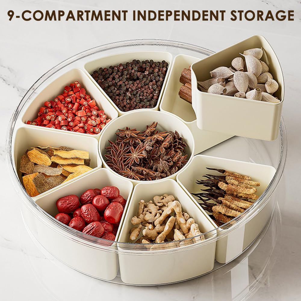 Snackbox mit Fächern, Rund Grosse Snackdose mit 9 Fächern, Deckel, Griff, 4 Gabel, Snackteller mit D