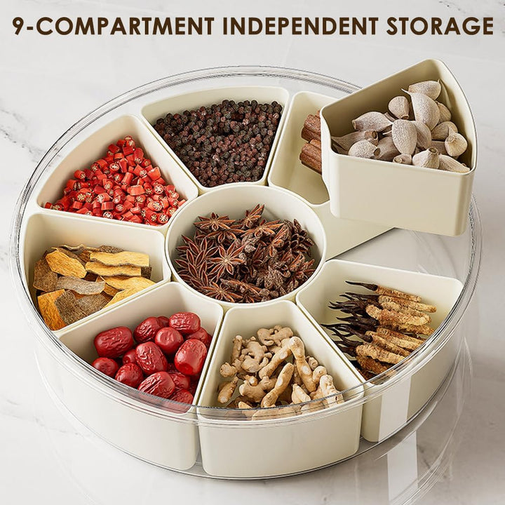 Snackbox mit Fächern, Rund Grosse Snackdose mit 9 Fächern, Deckel, Griff, 4 Gabel, Snackteller mit D