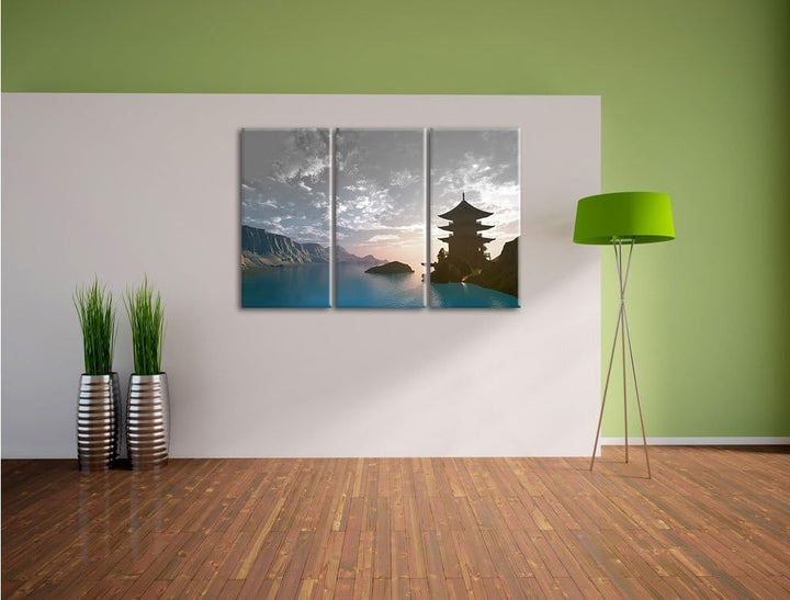 Pixxprint Tempel in Tal / 3-Teilig/Gesamtmass 120cm Leinwandbild bespannt auf Holzrahmen/Wandbild Ku