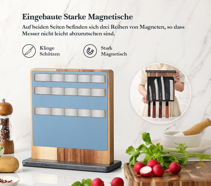 HEZHEN Magnetischer Messerblock aus Akazienholz - Doppelseitiger Magnetischer Messerhalter mit Leder
