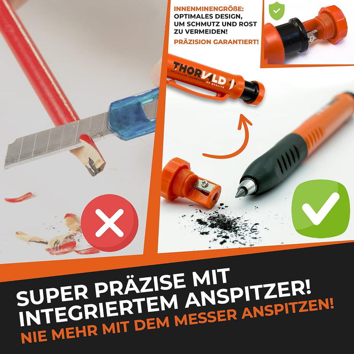 THORVALD Set Tieflochmarker Bleistift (2 x Zimmermannsbleistift + 38 Minen + Spitzer + Schreibgriff)
