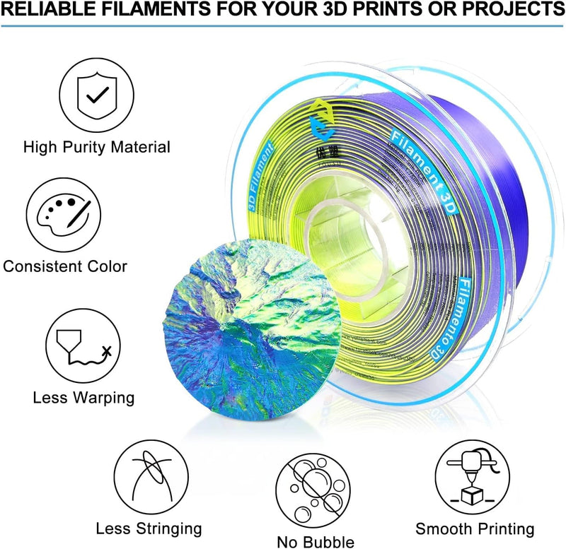 YOUSU Dreifarbiges PLA Filament,3D Drucker Filament 1,75 mm (± 0,03 mm), Seiden Blau/Lila/Gelb Dreif