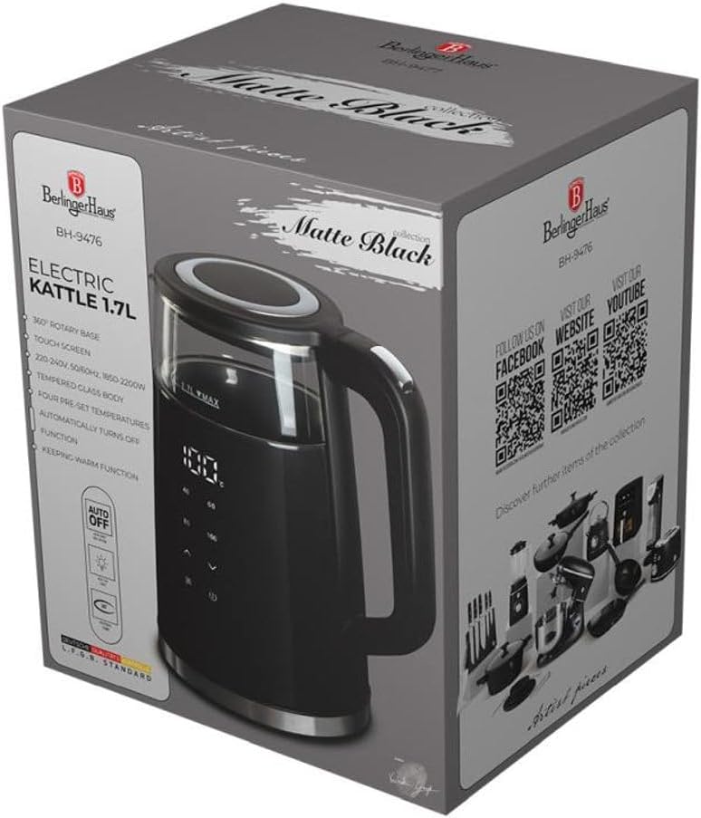 Berlinger Haus Wasserkocher mit Temperaturregelung digital 1,7 l Black Silver Collection BH-9476 1.7