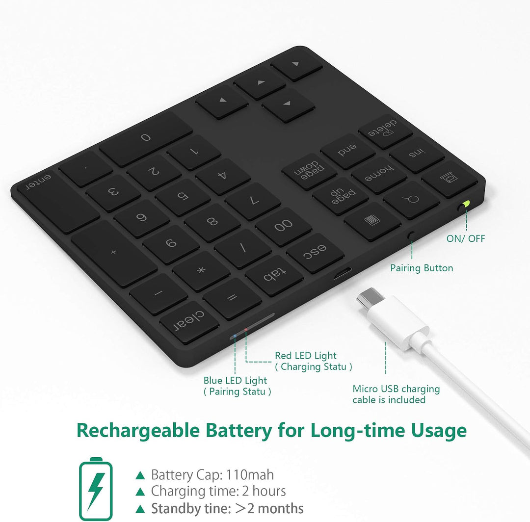 Bluetooth Ziffernblock 34-Tasten kabellos Bluetooth Numpad wiederaufladbar Tastatur Numerische Tasta