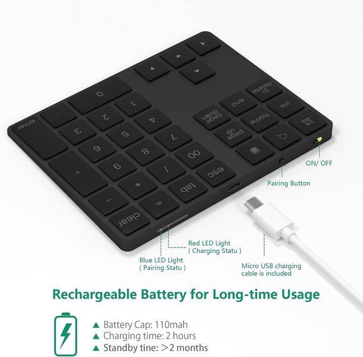 Bluetooth Ziffernblock 34-Tasten kabellos Bluetooth Numpad wiederaufladbar Tastatur Numerische Tasta