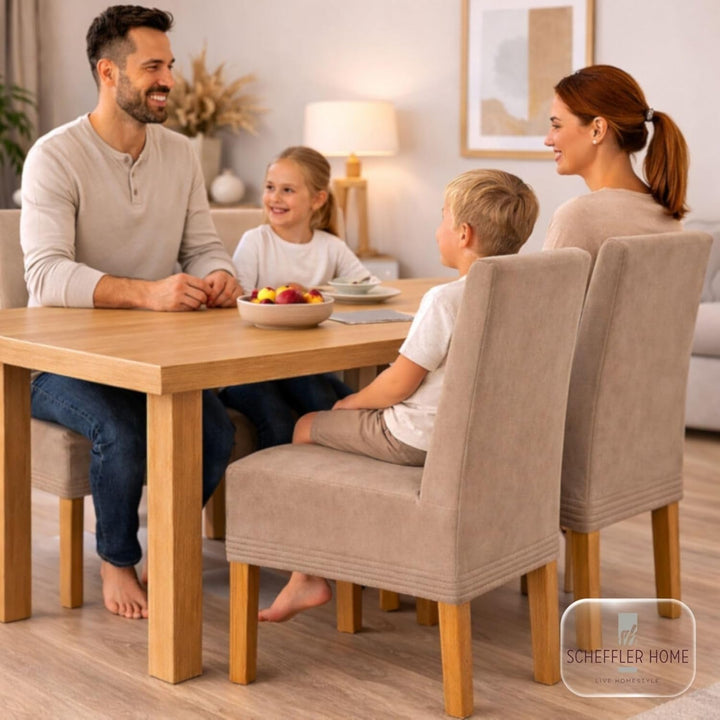 SCHEFFLER-Home Stuhlhussen 4er Set Leon Taupe/elastische Wildleder Hussen für Stühle/Robustes Freisc