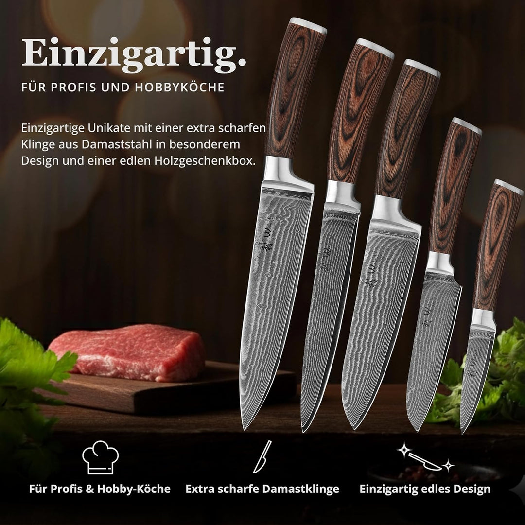 Wakoli EDIB 5er Damastmesser-Set mit magnetischem Messerblock, Klingenlängen von 8,5cm bis 20cm aus