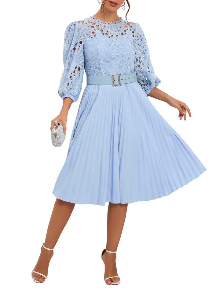 IWFEV Spitzenkleid, plissiert, Puffärmel, wadenlang, kurze Ärmel, Midi-Kleid, hohles Party-Abendklei