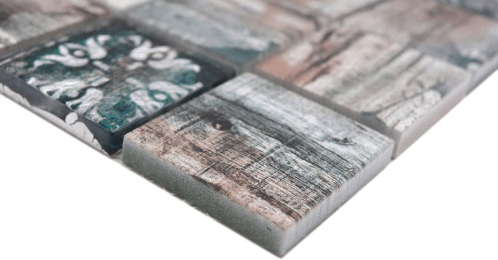 Mosaikfliese Glasmosaik Medio Vintage Patchwork grau braun pastell grün Holzoptik Ornament Küchenrüc