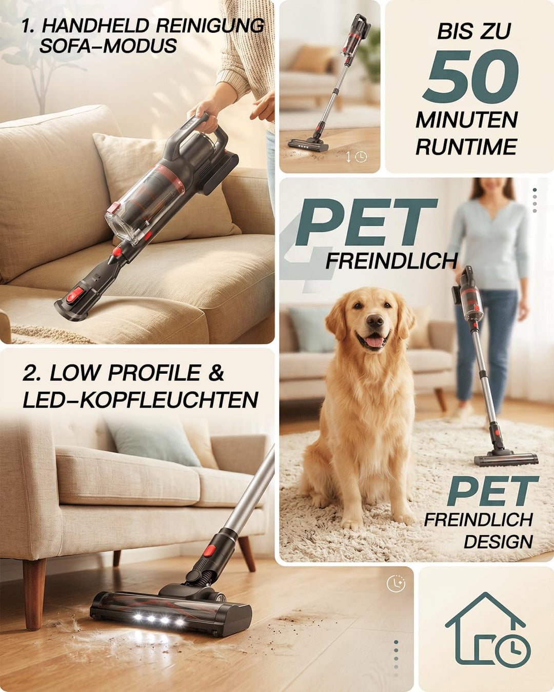 Akku Staubsauger Kabellos – 40KPa/500W/50 Min, 1L kabelloser Staubsauger mit V-förmiger Anti-Tangle-