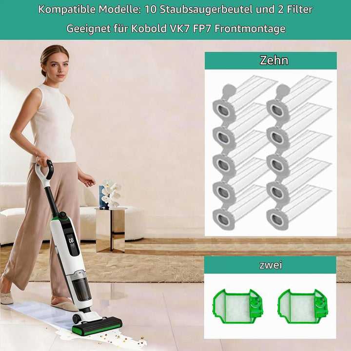10 Stück Staubsaugerbeutel und 2 Filter für Vorwerk Kobold VK7 FP7 Premium Filtertüten Staubsauger A