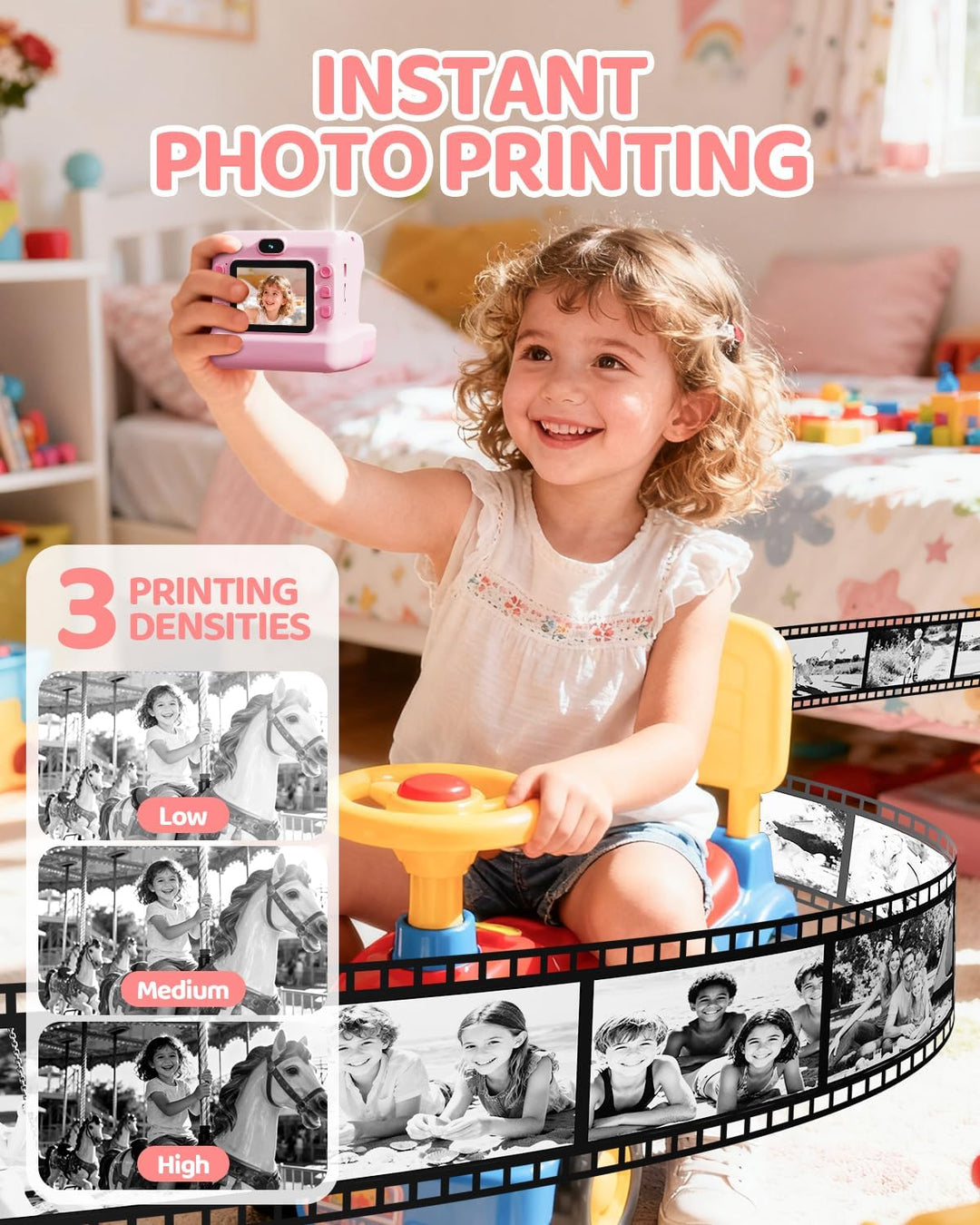 CalineGam Kinderkamera Sofortbildkamera, 1080P HD Sofortbildkamera Kinder mit 32 GB Karte und 3 Papi
