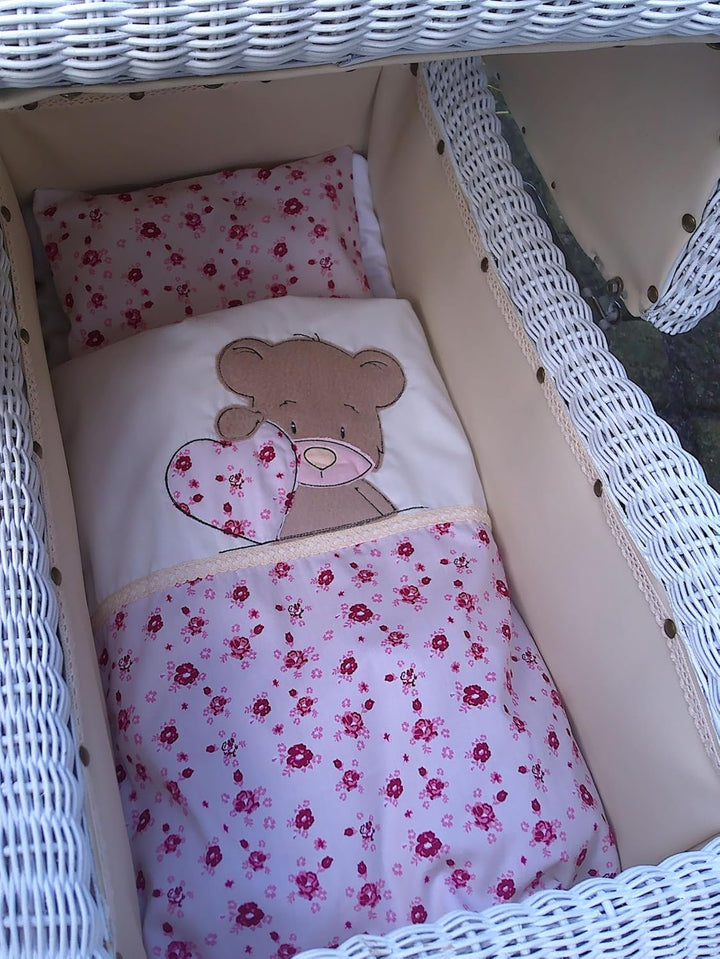 Puppenbettwäsche altrosa mit Teddy aus Fleece, Masse ca. Decke 40h x 33b, Kissen 20h x 24b cm.