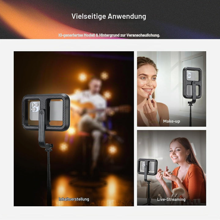 NEEWER Basics 10W Selfie Licht mit Stativ, 1200mAh LED Quadrat Ringlicht, 72" Selfie Stick Handyhalt