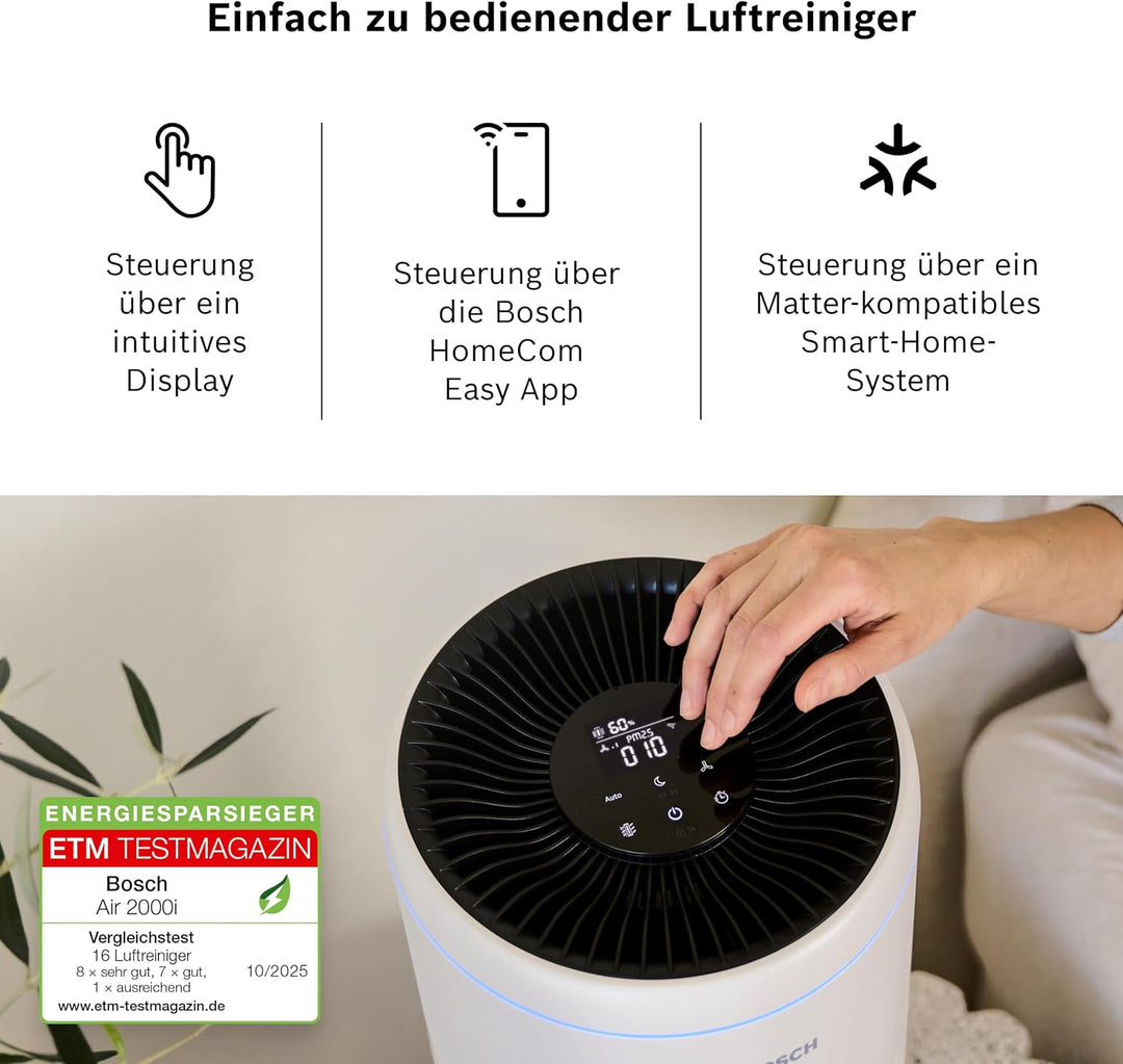 Bosch Air 2000i App-gesteuerter Luftreiniger - Für Räume bis zu 37,5 m² - Entfernt Schadstoffe - Mit