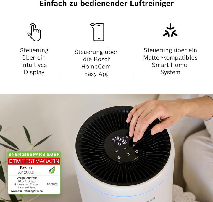 Bosch Air 2000i App-gesteuerter Luftreiniger - Für Räume bis zu 37,5 m² - Entfernt Schadstoffe - Mit