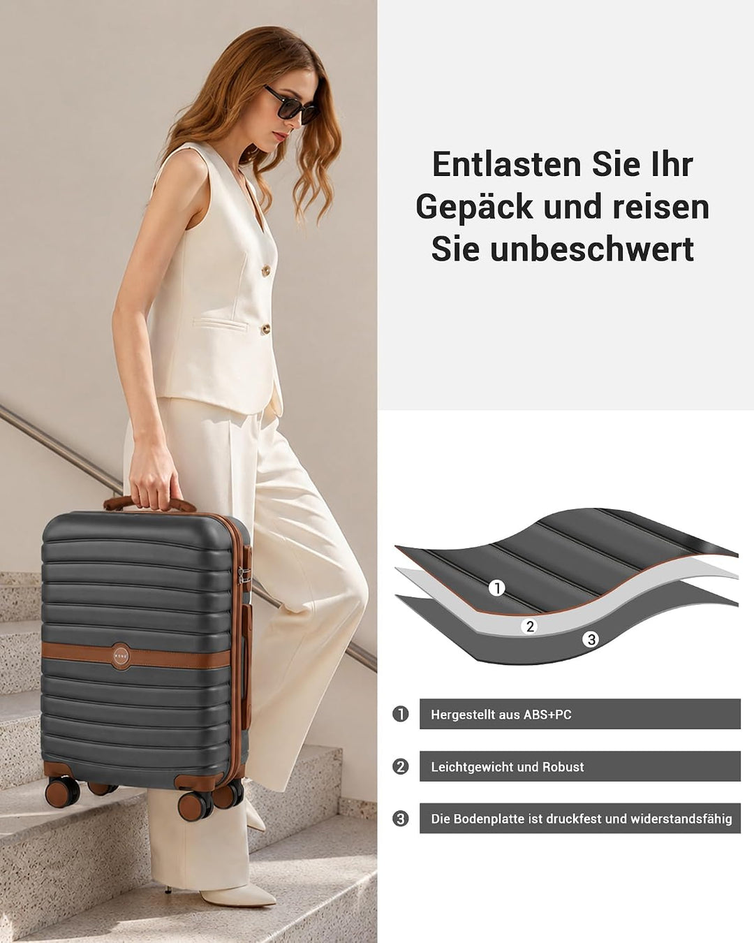 KONO Koffer Reisekoffer Trolley Koffer Gross von ABS+PC Hartschalenkoffer mit Zwillingsrollen und Za