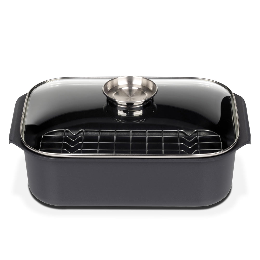 GSW Rechteckbräter Gourmet mit Aroma-Glasdeckel und Grilleinsatz, Aluguss, Induktionsfähig, Schwarz,