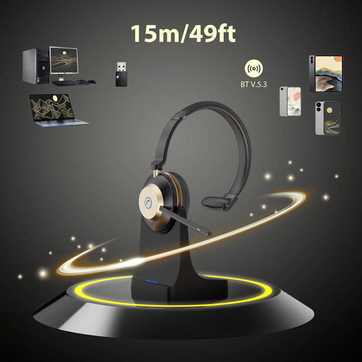V5.3 Bluetooth-Headset mit Mikrofon für PC, Kabelloses Headset mit Mikrofon Rauschunterdrückung & US