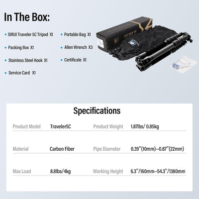 SIRUI Carbon Stativ Kamera Traveler 5C Kohlefaser Reisestativ 1380mm leichtes tragbares Karbonfaser
