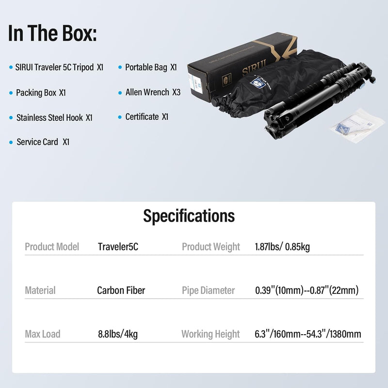 SIRUI Carbon Stativ Kamera Traveler 5C Kohlefaser Reisestativ 1380mm leichtes tragbares Karbonfaser