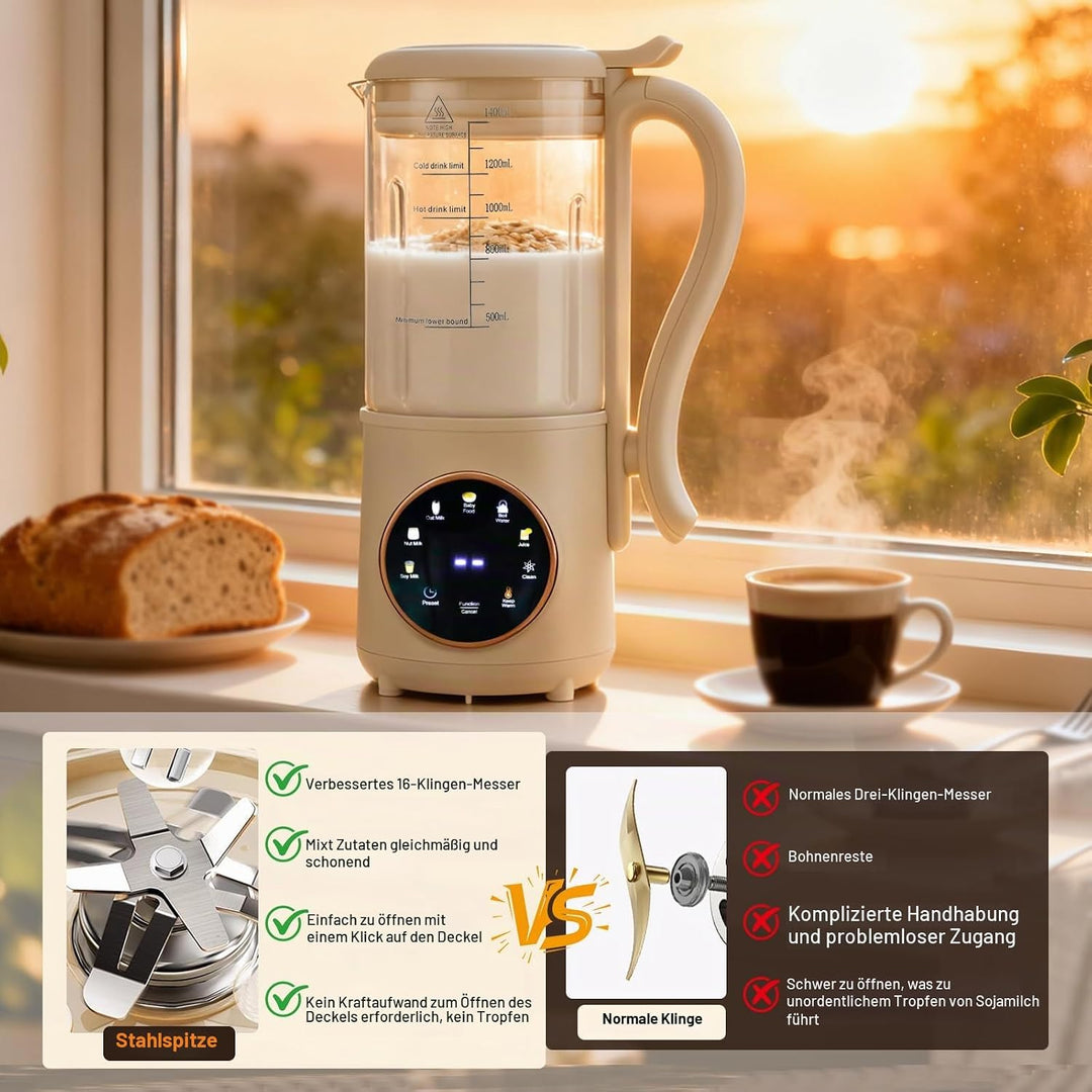 Nussmilchmaschine 1400ml, Sojamilchmaschine mit 16 Klingen &amp; 9 Funktionen, Hafermilch Maschine für M