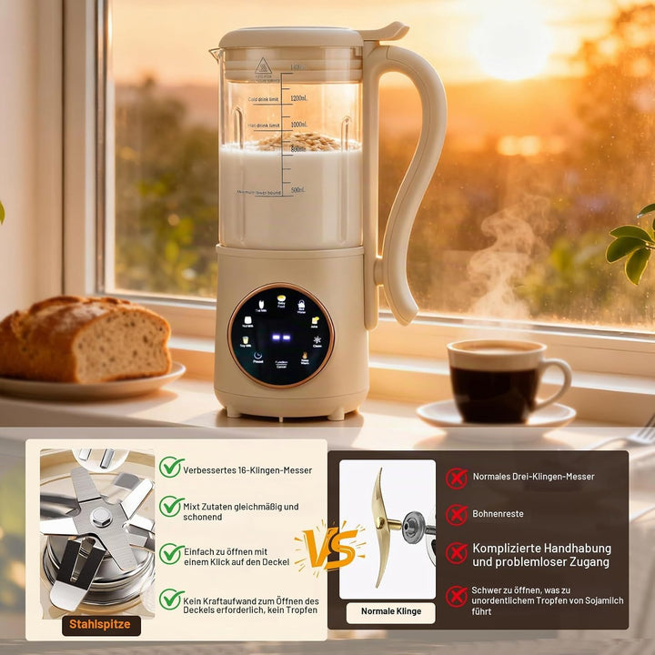Nussmilchmaschine 1400ml, Sojamilchmaschine mit 16 Klingen &amp; 9 Funktionen, Hafermilch Maschine für M