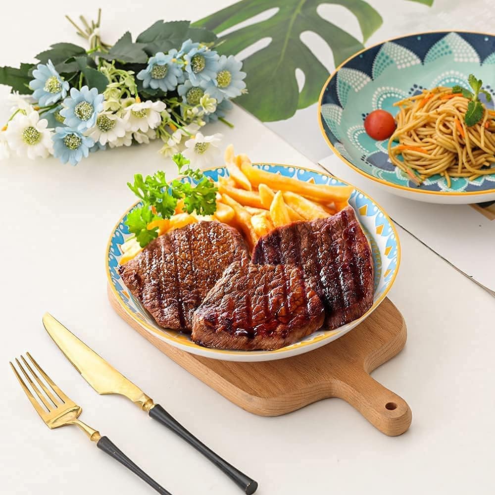 AHX Teller Set Tiefe Teller - Pastateller Suppenteller Salatteller 680 ml - Porzellan Teller Bunt 6e