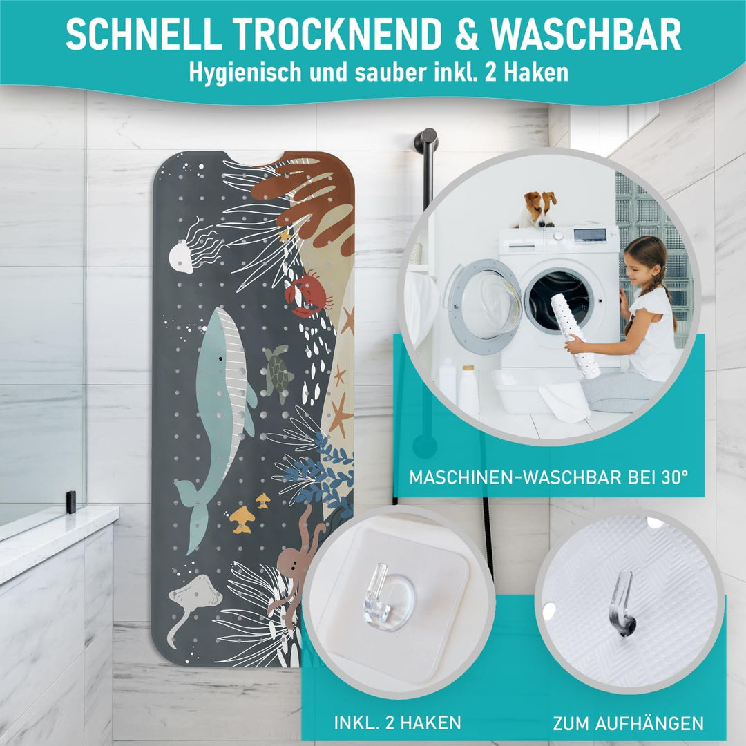 Badewannenmatte 100x40 cm Wasserwelt Dunkelgrau| Badematte rutschfest | Inkl. Aufhängung | Schimmelr