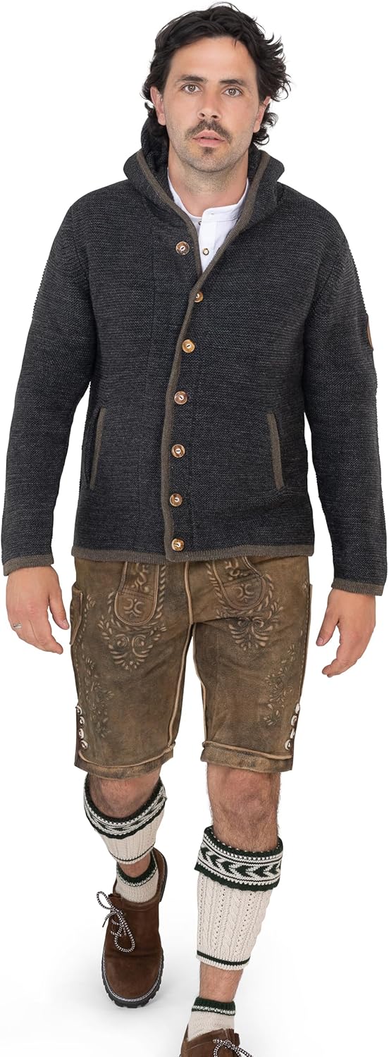 Herren Trachtenjacke mit Kapuze – Trachten-Strick-Jacke aus Wolle – Hoodie Strickjacke Grau/Anthrazi