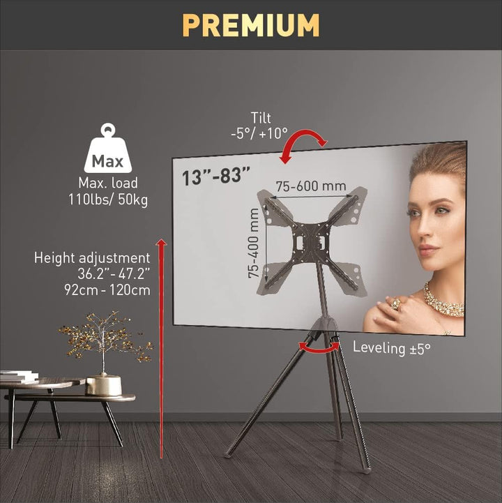 Barkan 13-83 Zoll Neigbare & Höhenverstellbar TV Bodenständer im Staffelei Design, hält bis 50Kg, 5